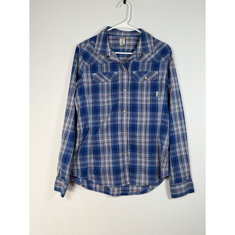 Stio Women’s Large Blue Plaid Western Snap Button Shirt Long Sleeve Cotton